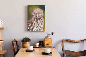 Barking owl oil paiinting portrait shown in a room setting
