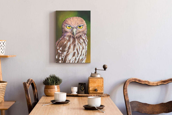 Barking owl oil paiinting portrait shown in a room setting