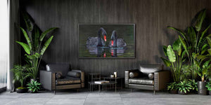 black swan original oil painting in room setting by Swapnil Nevgi