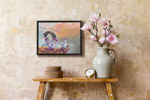 Original painting of pigeons shown in a room setting