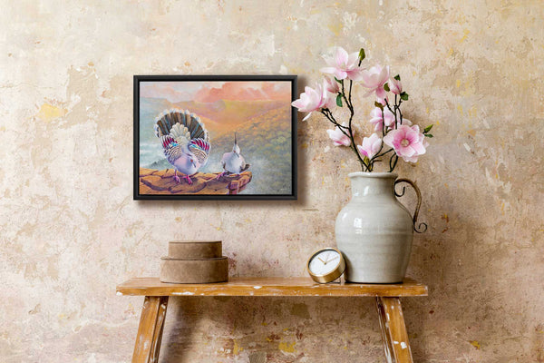 Original painting of pigeons shown in a room setting