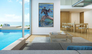 Original oil painting for Cormorant shown in a lounge room setting to give an example