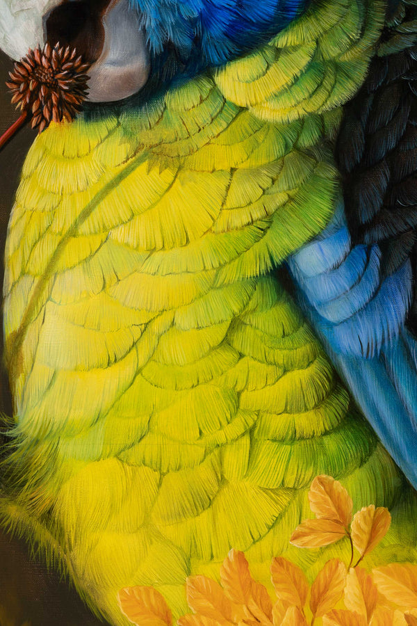 Close up of feathers in the painting 'It's Crunchy' by Swapnil Nevgi
