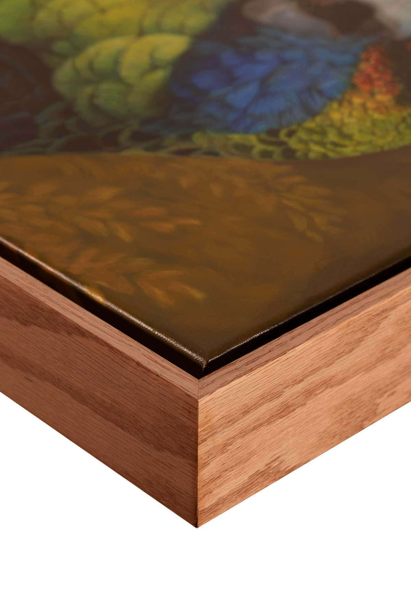 Close up of the oak frame used for It's Crunchy original oil painting by Swapnil Nevgi