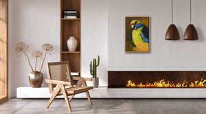 Original painting of green rosella 'it's cruncy' by Swapnil Nevgi shown in home setting