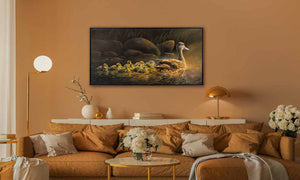 Another image of nurturing mother original oil painting of ducks shown in a room setting as an example