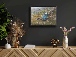 Original painting sacred kingfisher shown in a room setting