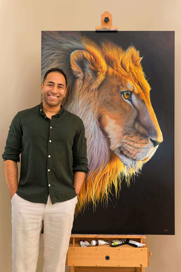 'Tactical Gaze' original oil painting of lion, with the artist Swapnil Nevgi