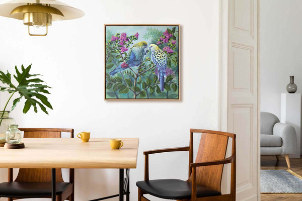 Two souls, original painting showing pale headed rosella bird now available as limited edition print shown in room set up