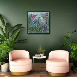 Original oil painting of pale headed rosellas 'Two Souls' by Swapnil Nevgi shown in room setting