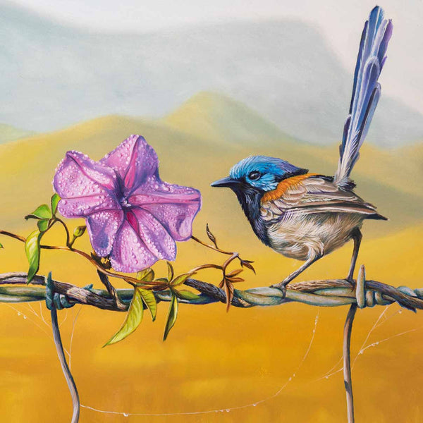 Close up image of the original painting Floral Affair showing details of bird and the flower