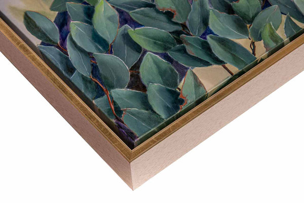 Close up and side view of the frame used for original painting Noisy Neighbour