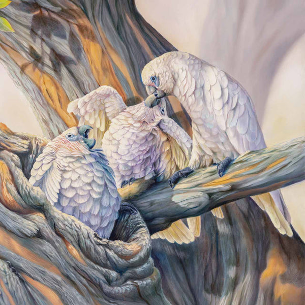 Close up 2 of the original painting Noisy Neighbours