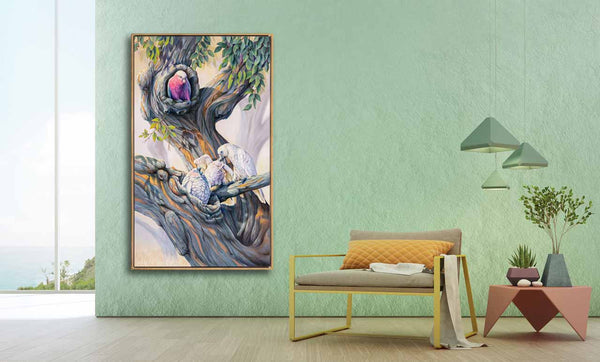 Original oil painting Noisy Neighbours shown in room like setting for better visualisation