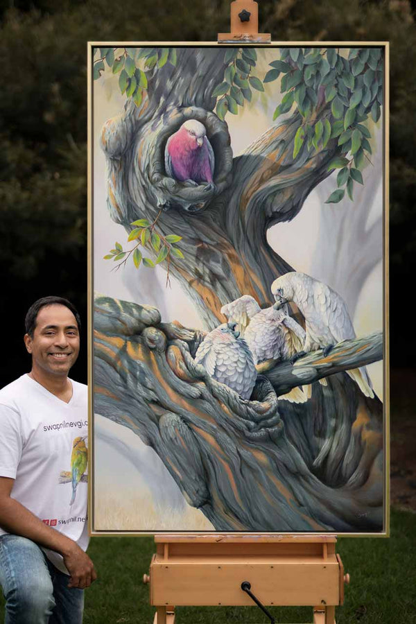 Original painting Noisy Neighbour shown with the artist to give idea of the size of the painting