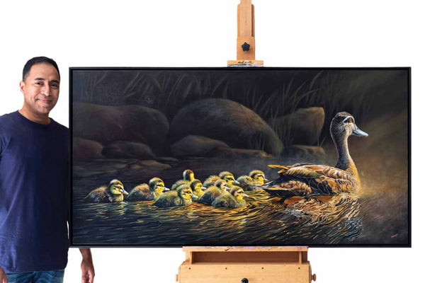 Original painting Nurturing Mother shown with the artist to give better idea of the size