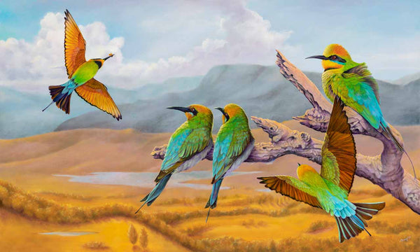Limited Edition Prints of 'Rainbow Bee-eaters' original painting of a pair of rainbow bee-eaters - by Swapnil Nevgi Fine Art