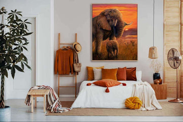 5 Art Curation tips for Your Home showing elephant original painting in bedroom setting