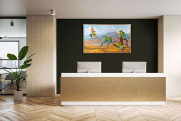 Elevate Your Office with Captivating Wildlife Art on the Walls showing flying rainbow original painting in office setting