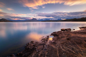 Sunset photography wall art of still water and lavender cloud below Mount Greville at Lake Moogerah in winter.