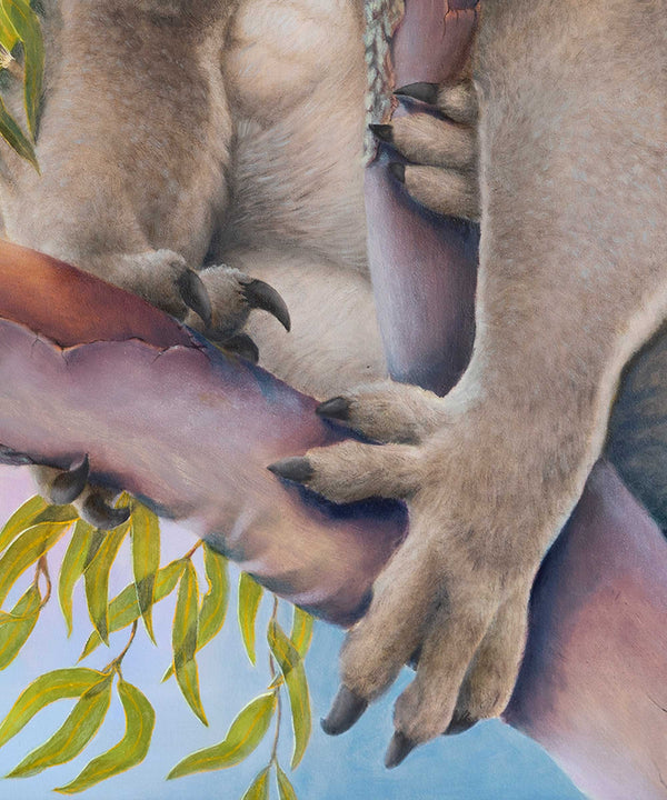 close up of koala paws in original painting sleeping beauty by Swapnil Nevgi