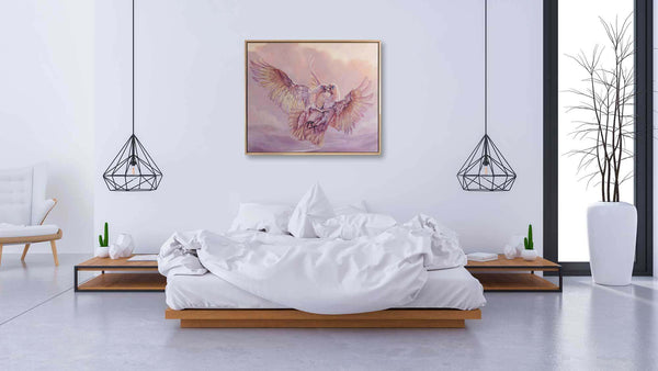 Example of limited edition of original painting of corellas shown in a room setting