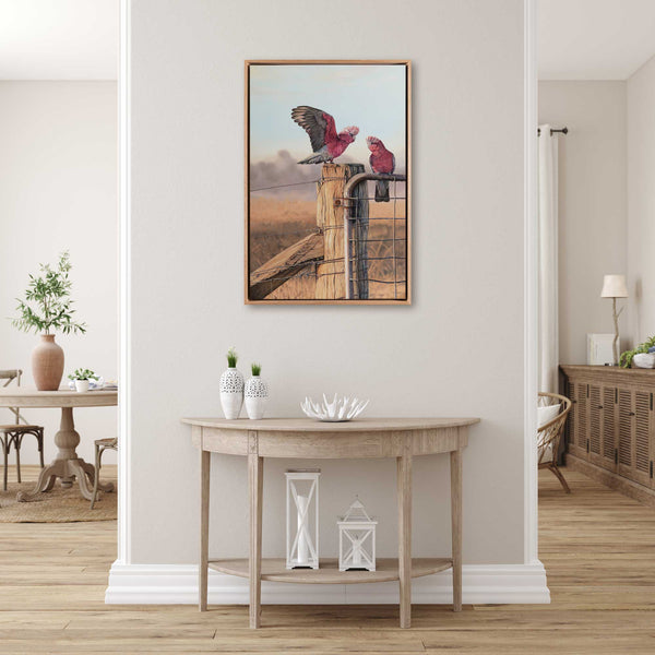 Limited edition print of galah original painting shown in situ as an example