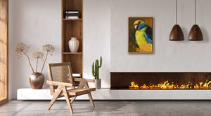 Original painting of green rosella 'it's cruncy' by Swapnil Nevgi shown in home setting