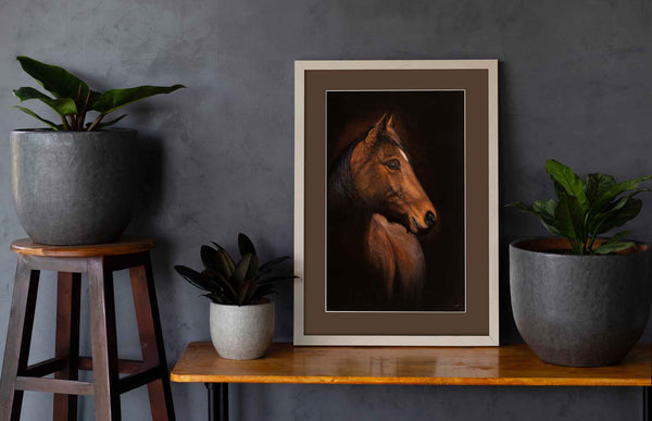 Paper fine art print of horse portrait painting shown in situ as an example