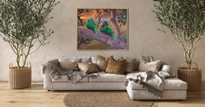 Original oil painting of rainbow lorikeets by artist Swapnil Nevgi shown in room setting