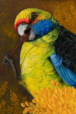 Original oil painting of green rosella bird by wildlife artist Swapnil Nevgi