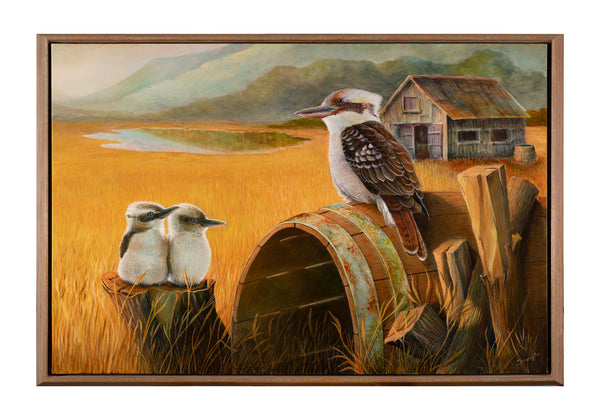 Outback kookaburra original painting shown in the frame it is sold with