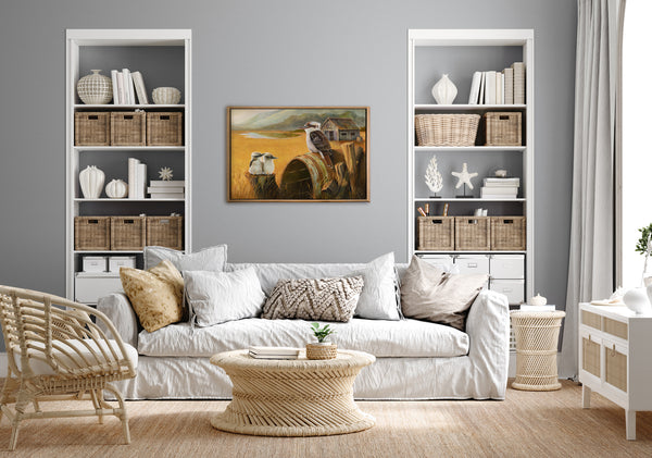 Original oil painting of kookaburra Outback Kookaburra by Swapnil Nevgi shown in home setting