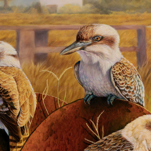 Close up of second kookaburra in the original painting 'Picnic in the farm' by Swapnil Nevgi