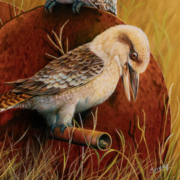 Close up of one of the kookaburra in the original painting 'Picnic in the farm' by Swapnil Nevgi