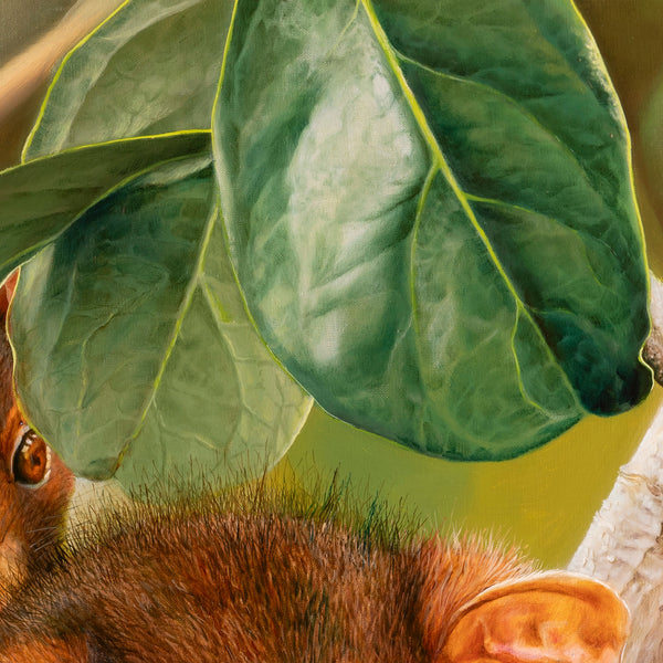 Close up of the leaves in 'Piggyback Baby' possum original oil painting by Swapnil Nevgi