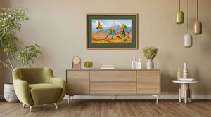 wall art - fine art print of flying rainbow original painting showing rainbow bee-eaters by Swapnil Nevgi shown in situ