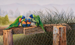 Rainbow Guardians an original painting of rainbow lorikeets by Swapnil Nevgi