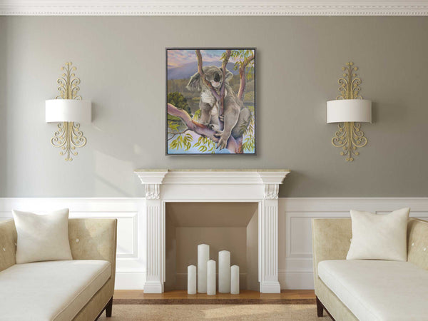 Limited edition print of Koala painting 'Sleeping Beauty' shown in a room setting as an example