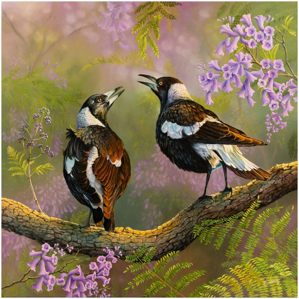 Limited Edition Prints of 'Sunrise Opera' original painting featuring magpies in jacaranda bloom - by Swapnil Nevgi Fine Art