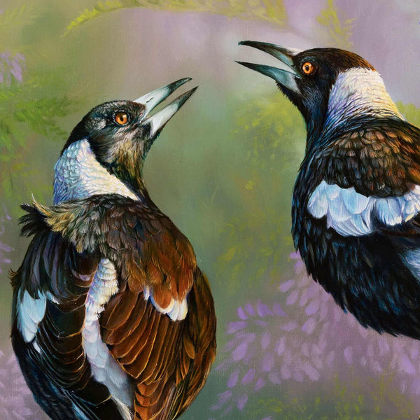 Close up of magpie birds singing in original painting 'sunrise opera' by Swapnil Nevgi