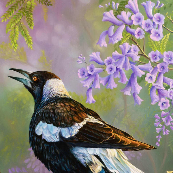 Close up of second magpie bird and jacaranda flowers in original painting 'sunrise opera' by Swapnil Nevgi'