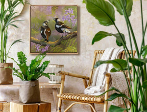 Sunrise Opera an original painting of magpie birds now available as limited edition prints shown in a room setting