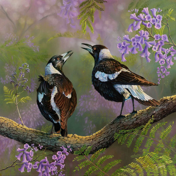 'Sunrise opera' original oil painting of magpies singing early morning on jacaranda trees by Swapnil Nevgi