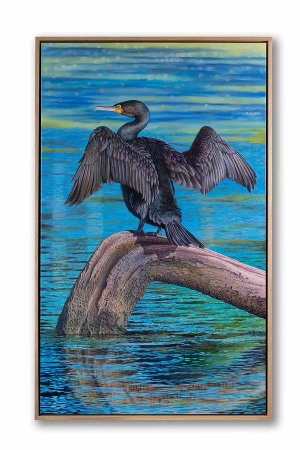 Full view of the original painting cormorant the great showing it's beautiful oak frame