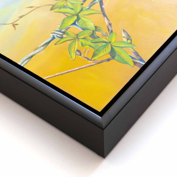Close up and corner view of the black frame of original painting Floral Affair