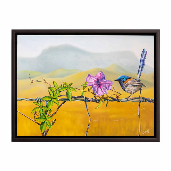 original painting Floral Affair shown in it's original black frame that it is sold with