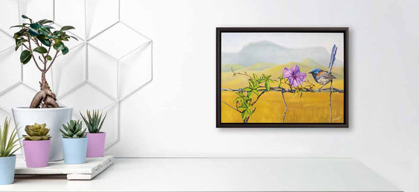 original painting Floral Affair is shown in its frame in a home like display for better understanding of what it will look like in your space. 