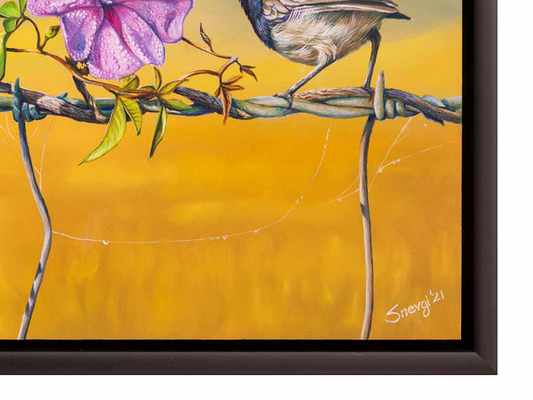 Signature view of the original painting Floral affair along with the front view of the black frame it comes with