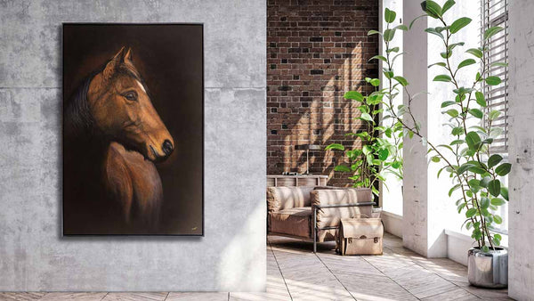 Original painting Le Magnifique, a horse painting is shown in room l like setting